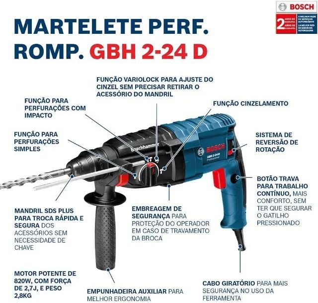 Martelete Bosch Professional GBH 2-24 D azul com 820W de potência 220V - Foto 3