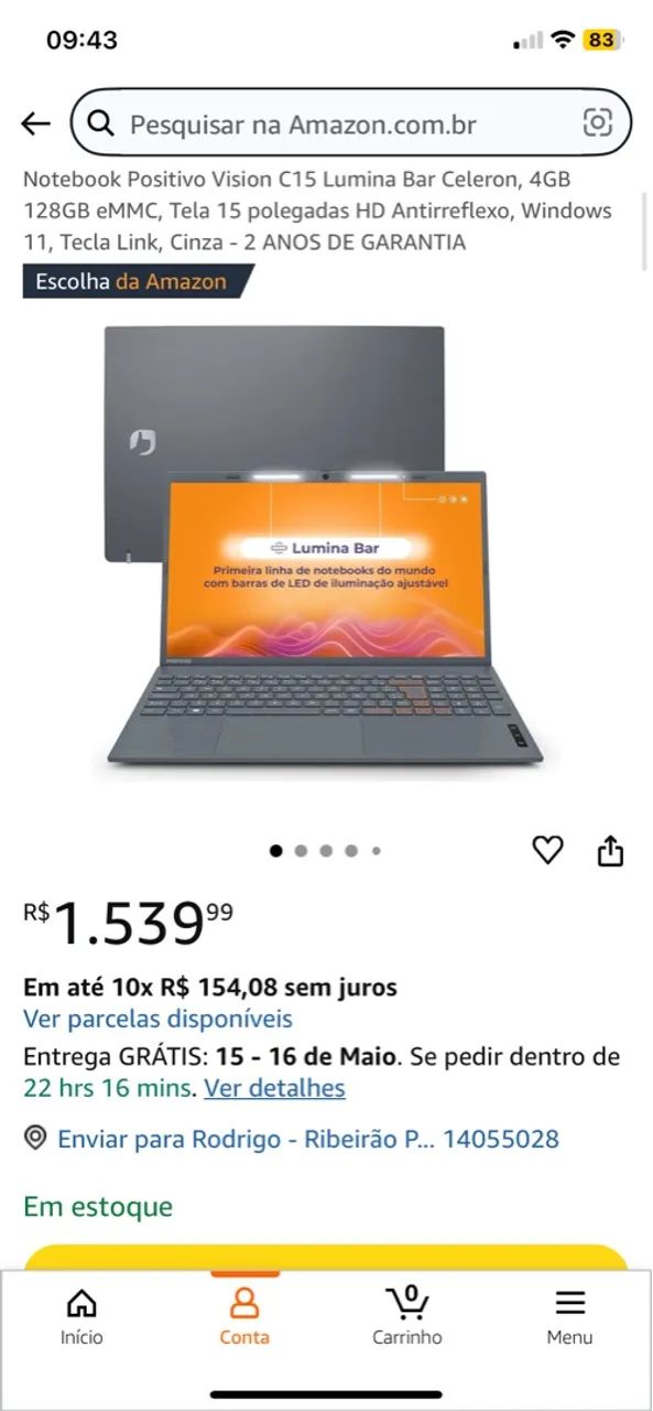 Notebook Positivo Vision C15 Lumina Bar Celeron 4GB 128GB Tela 15''