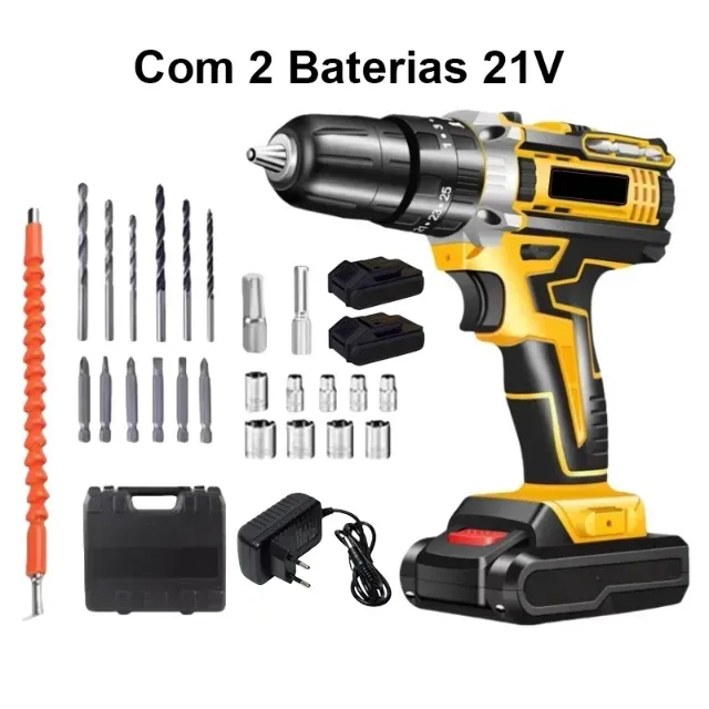 Furadeira e Parafusadeira 21V com Kit Completo - 2 Baterias + Brocas e Bits