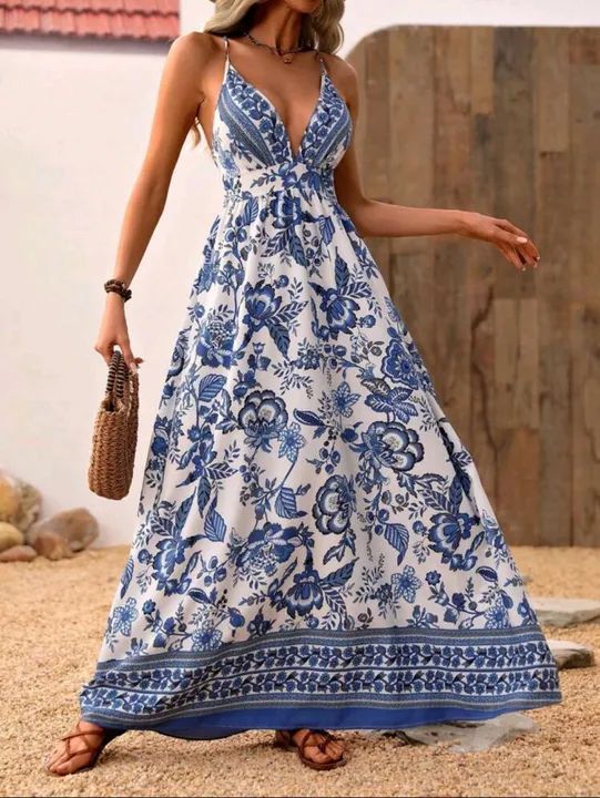 Vestido Longo Floral Azul e Branco