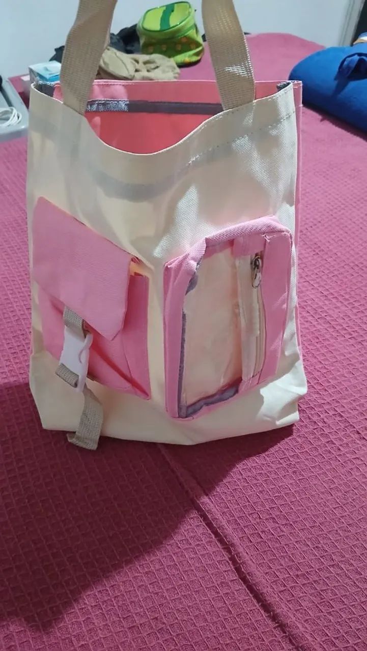 Bolsa Tote Bag Rosa e Creme - Estilo Coreano com Bolsos Utilitários  - Foto 2