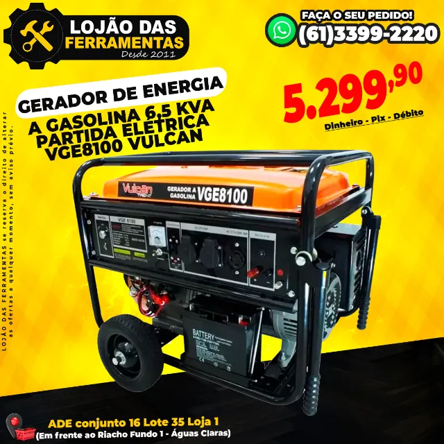 Gerador de Energia a Gasolina 6,5 Kva Partida Elétrica Vge8100 Vulcan