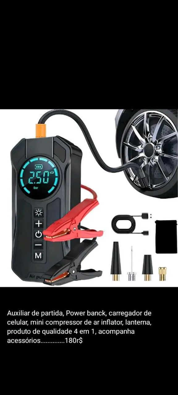 Auxiliar de partida e mini compressor 4 em 1 original 