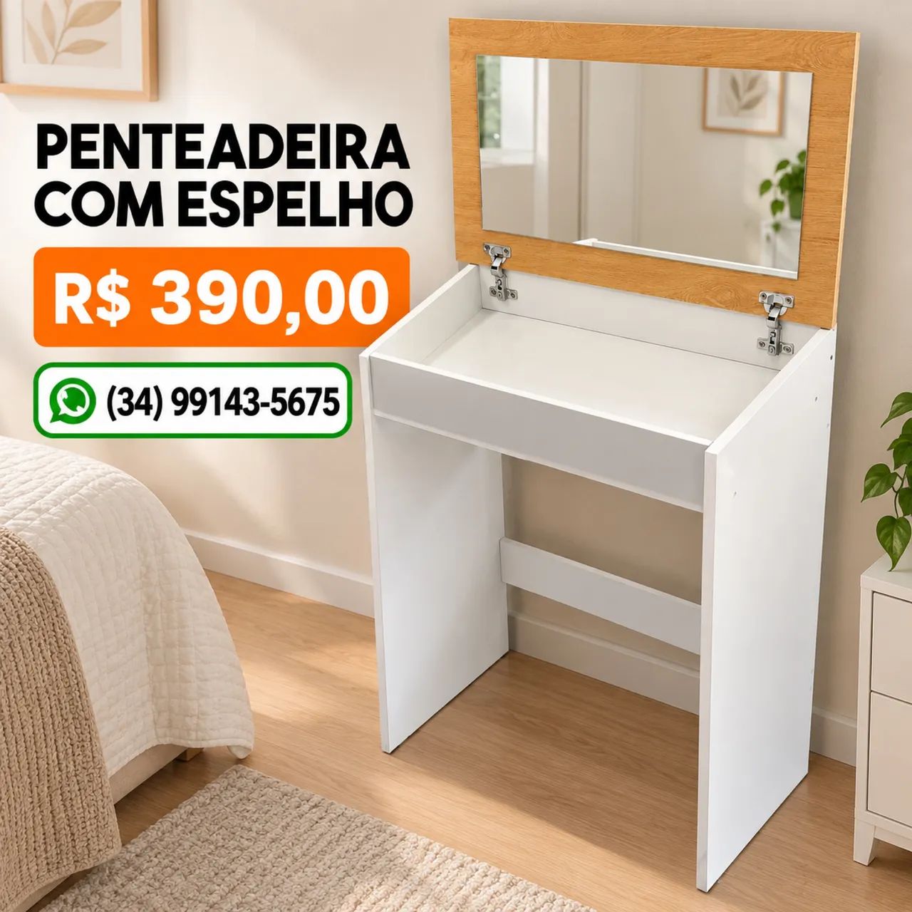 Penteadeira compacta com espelho e compartimento ? R$ 390,00