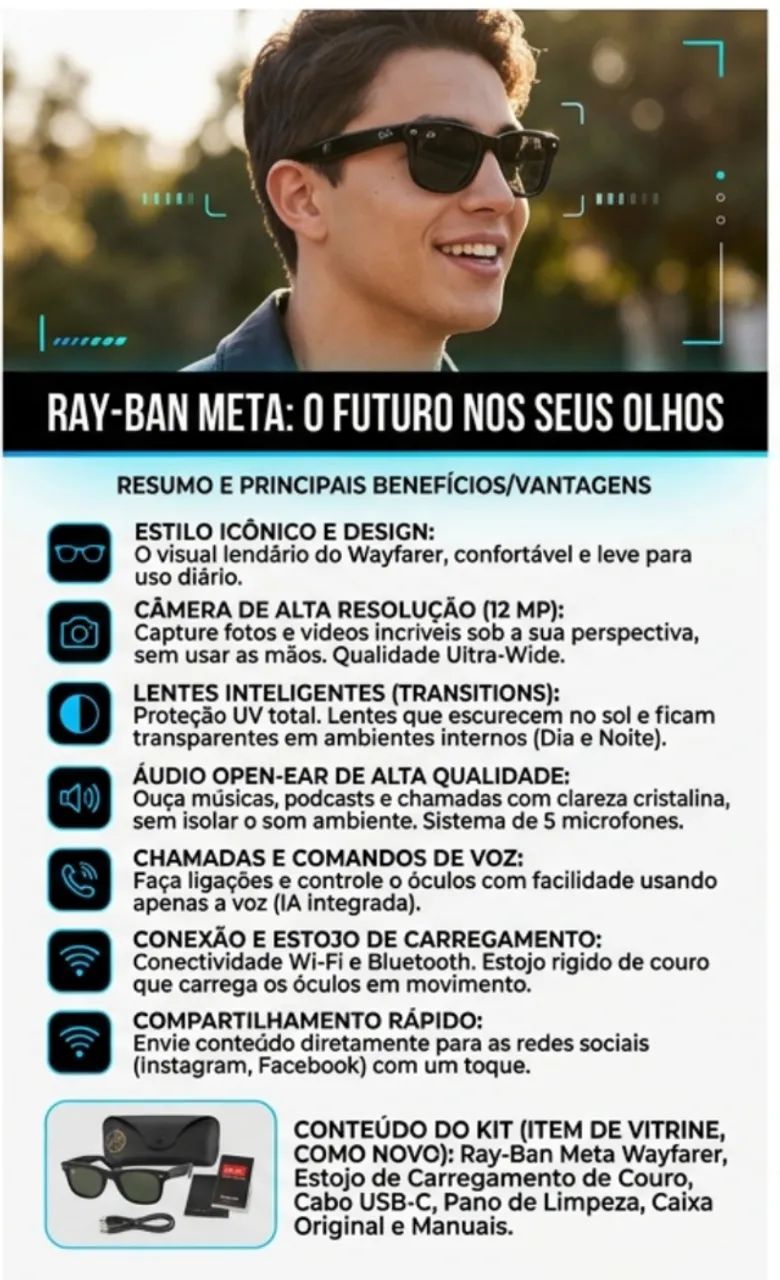 Óculos Inteligentes Ray-Ban Meta Wayfarer Gen 2 - Lentes Transitions  - Foto 2
