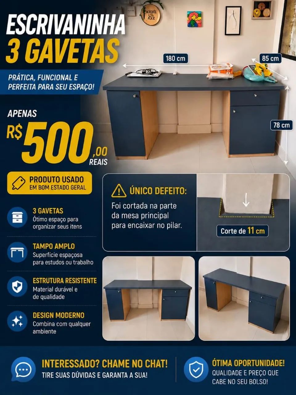 Escrivaninha 3 gavetas 