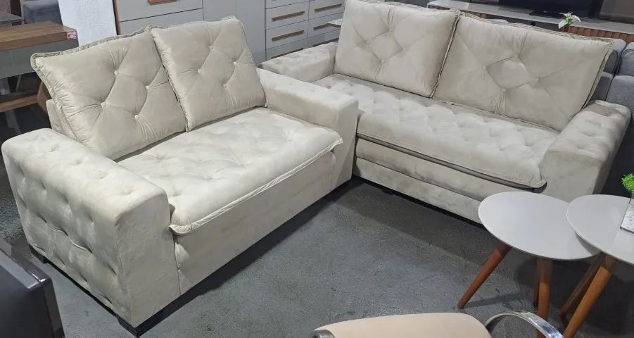 Conjunto Sofá 3x2 Lugares Botonado Tecido! Produto Novo Direto da Fábrica!