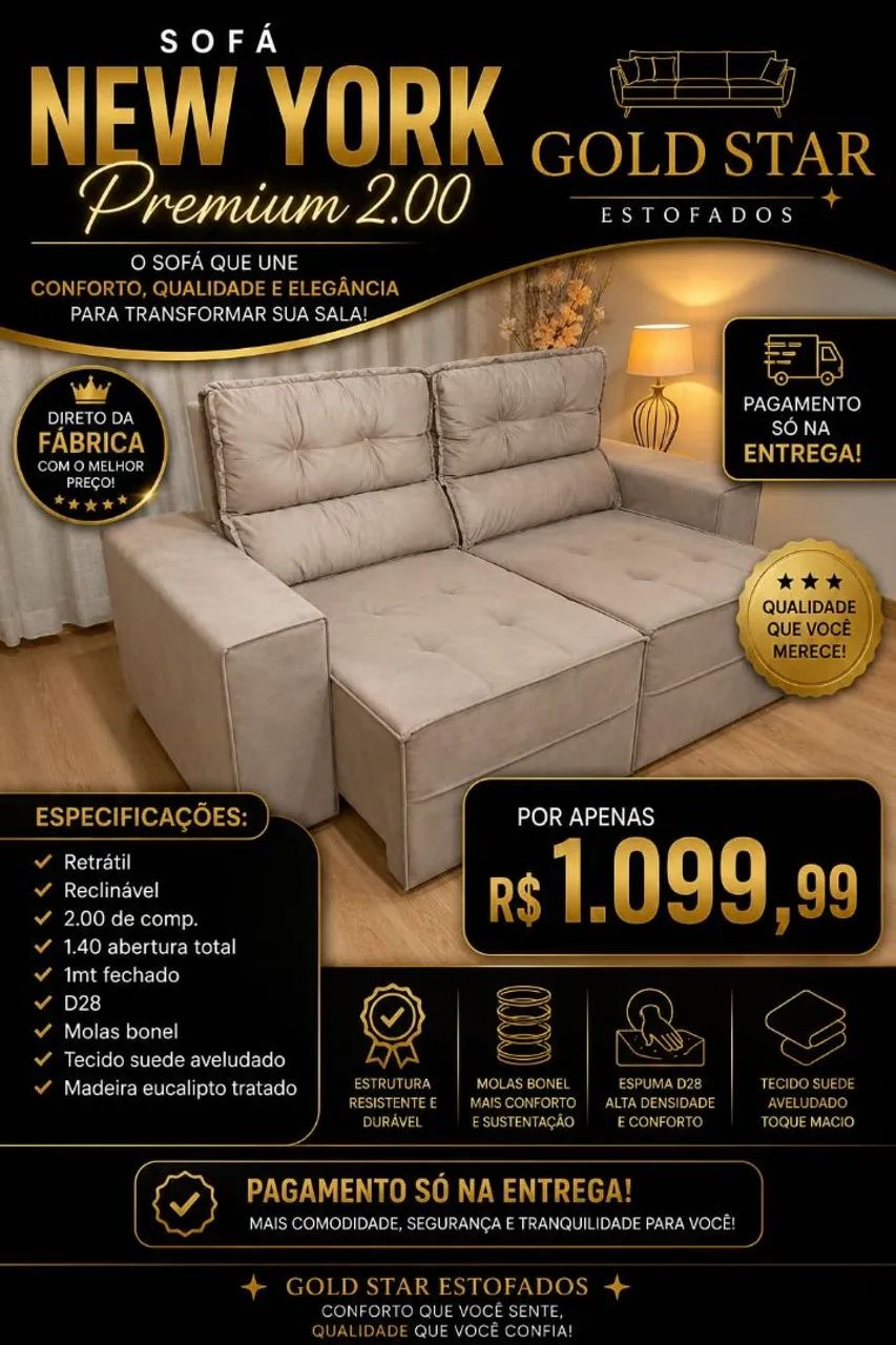 SOFÁ NEW YORK 2M PREMIUM RETRÁTIL E RECLINÁVEL 