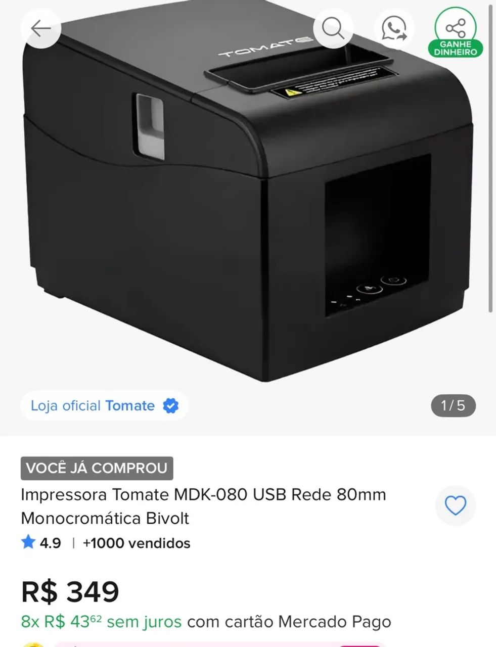 Impressora Tomate MDK-080 USB Rede 80mm Monocromática Bivolt - Foto 4