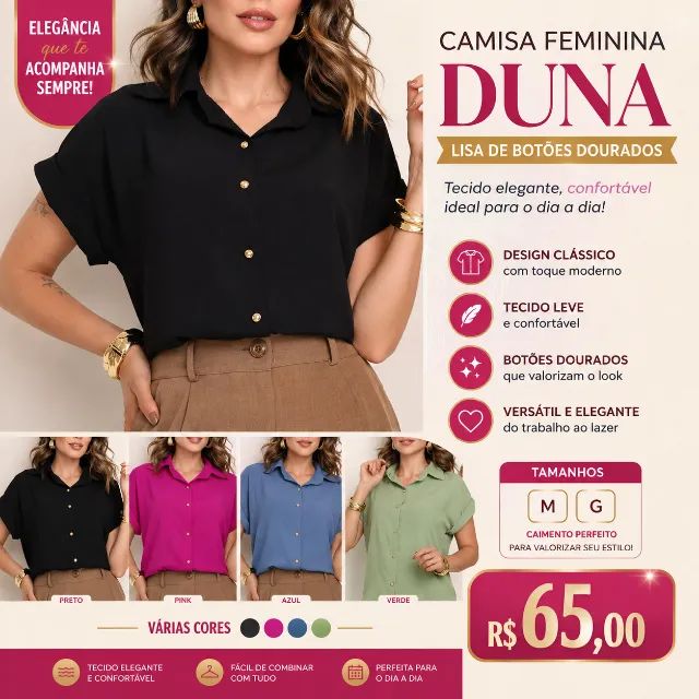 Camisa feminina lisa de botões 