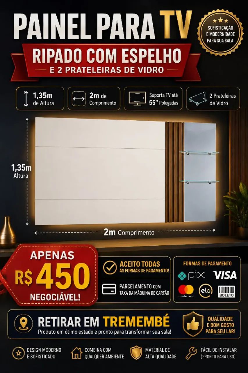 Painel de TV ripado com espelhos e prateleiras 