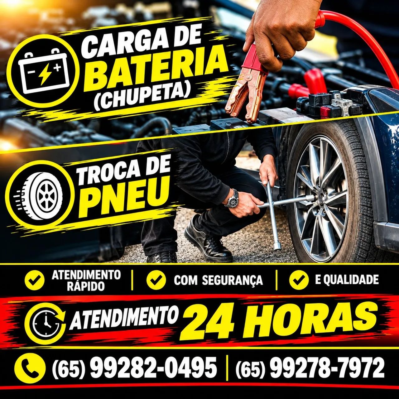 Fazemos carga de bateria troca de pneu. 24 horas 