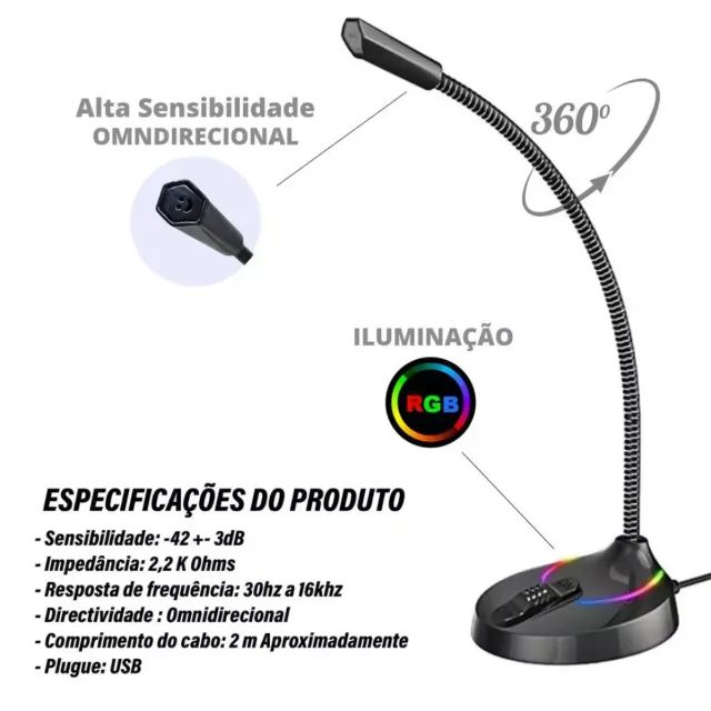 Microfone Gamer USB com Led RGB Profissional Pc e Notebook - Foto 4