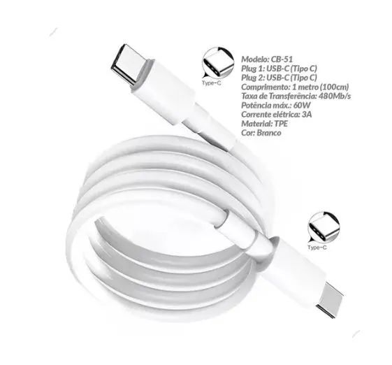 Cabo Carregador Celular Tipo C Rapido 60w 1M Usb -C Para Carregamento Rápido - Foto 2
