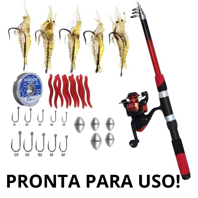 kit vara de pesca molinete linha iscas artificiais pronta pra uso barato (nova)
