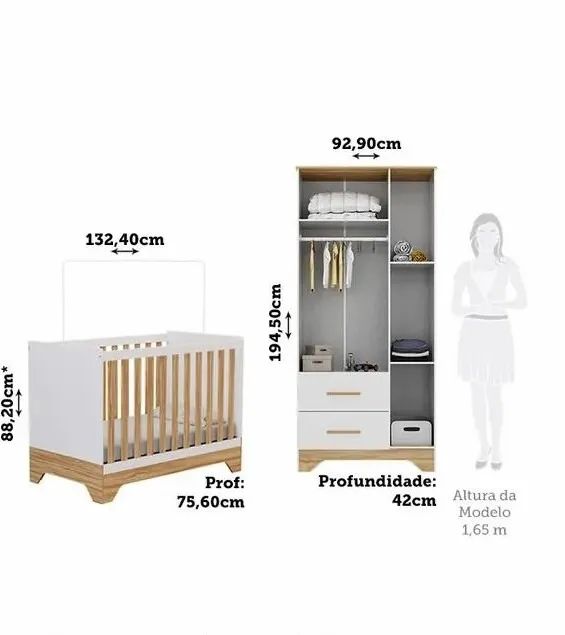 Roupeiro Popy + Berço Cama Americano Popy, 100% MDF - Peroba - Foto 3