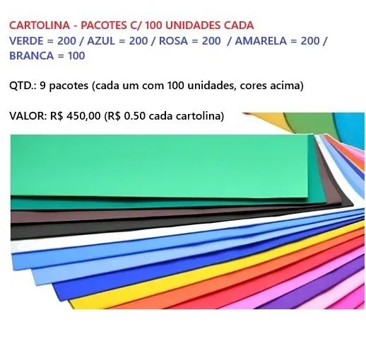 900 UNIDADES CARTOLINA  - VÁRIAS CORES - PROMOÇÃO