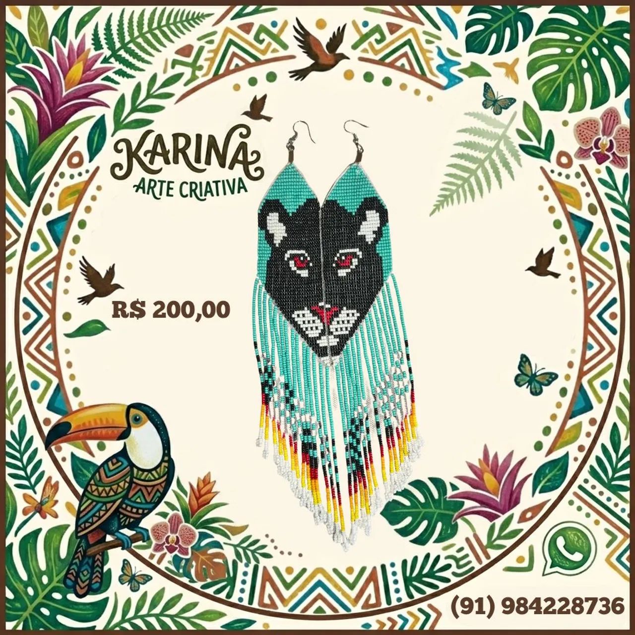 Brinco Artesanal de Miçanga Pantera Negra 