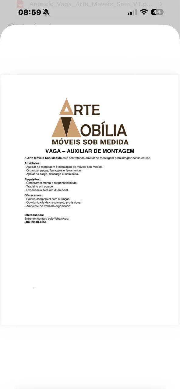 VAGA DE EMPREGO - AUXILIAR DE MONTAGEM
