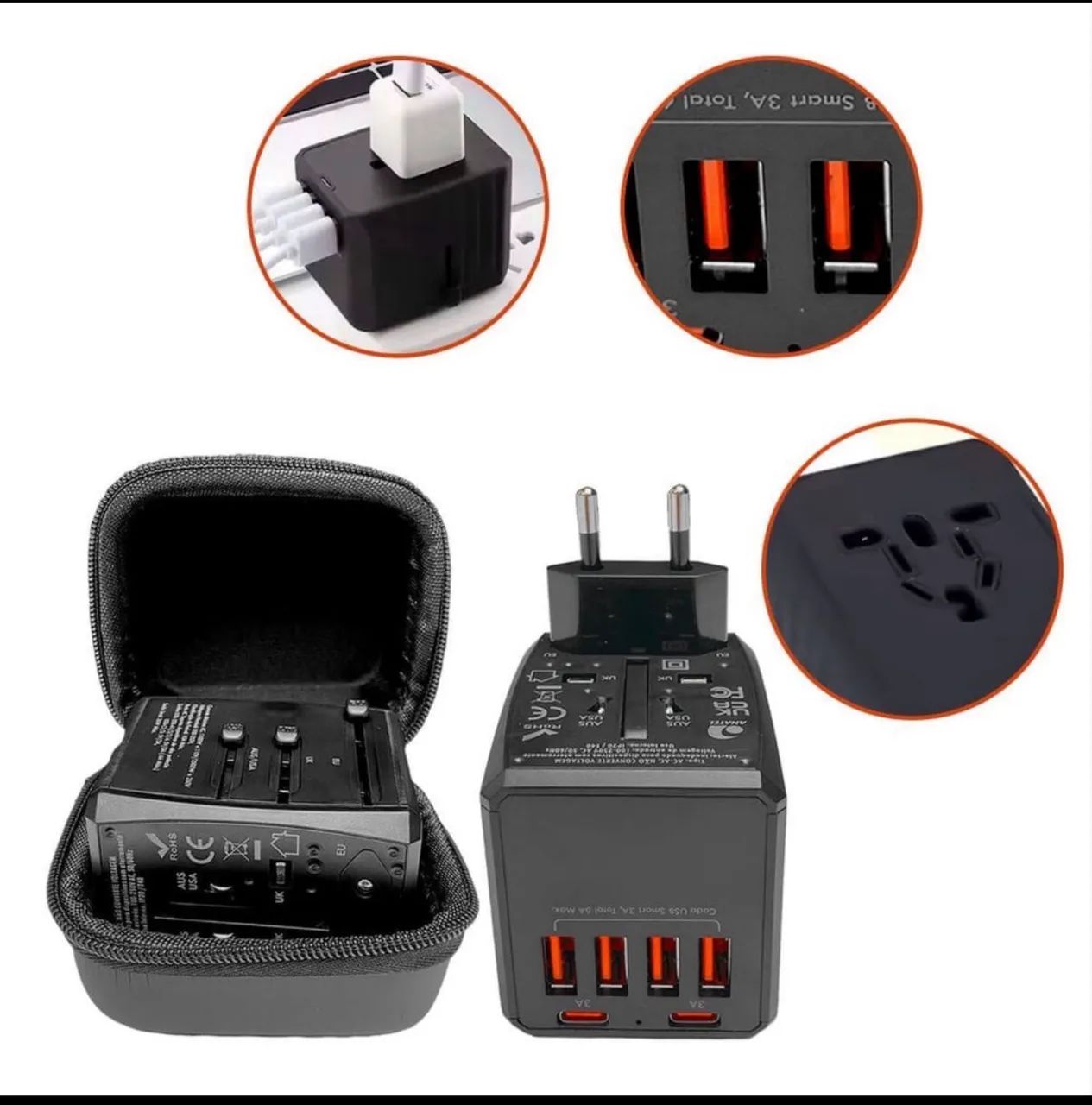 Adaptador Universal de Viagem 36W com 4 USB-A e 2 USB-C  - Foto 4