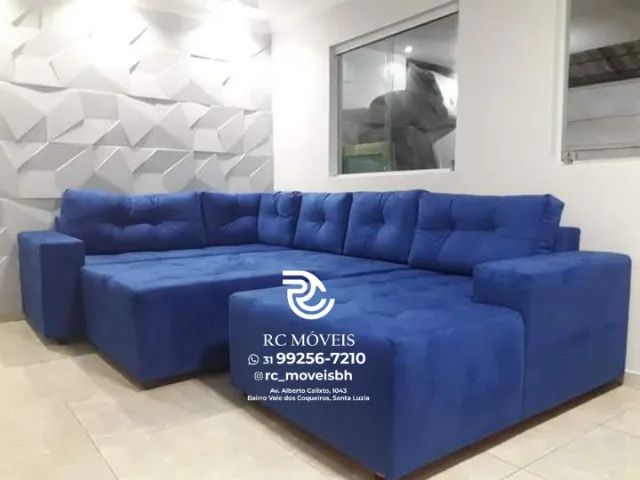 Sofá de canto Grande 3,10m com Chaise e Puff tecido veludo D33 Premium - Promocao