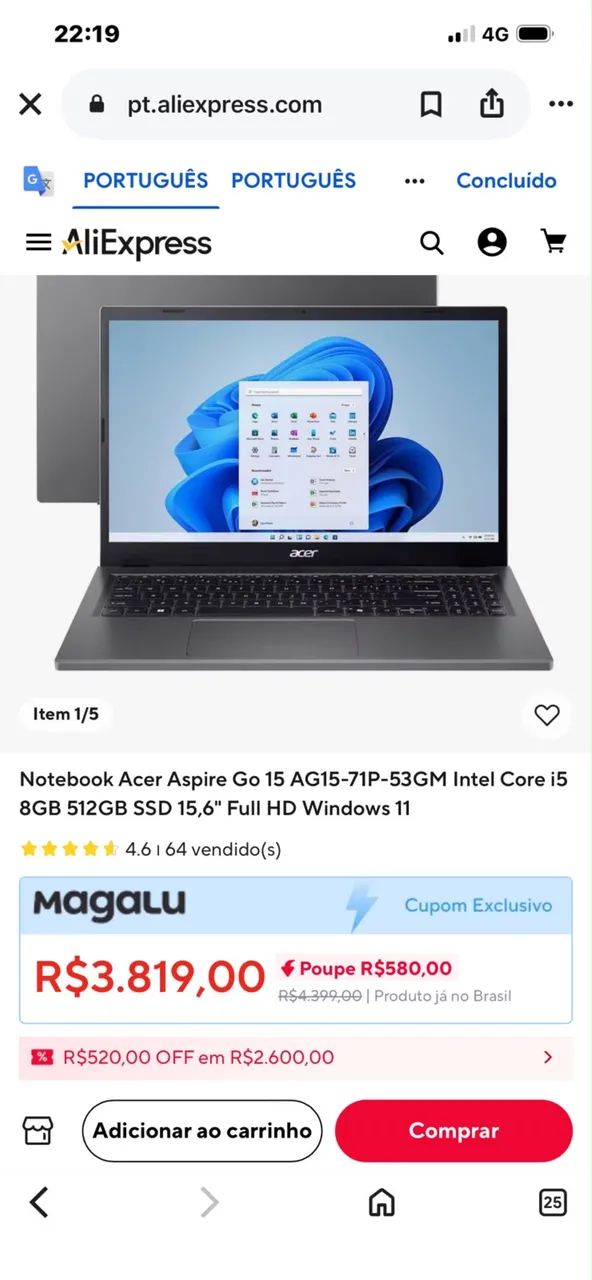 Notebook ACER ASPIRE E1-571 IMPECÁVEL NOVO  - Foto 5
