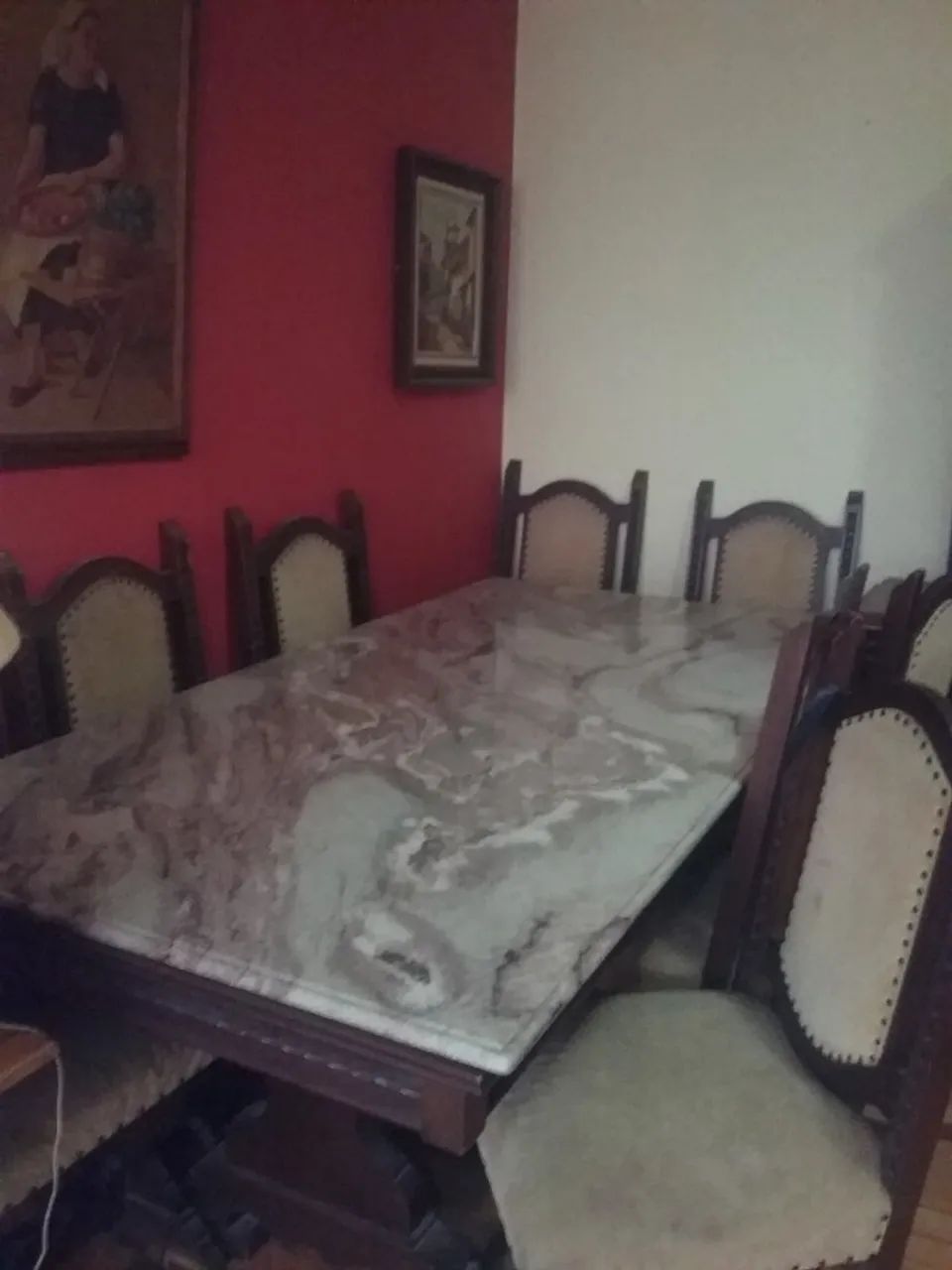 mesa jantar tampo mármore e madeira com 08 cadeiras