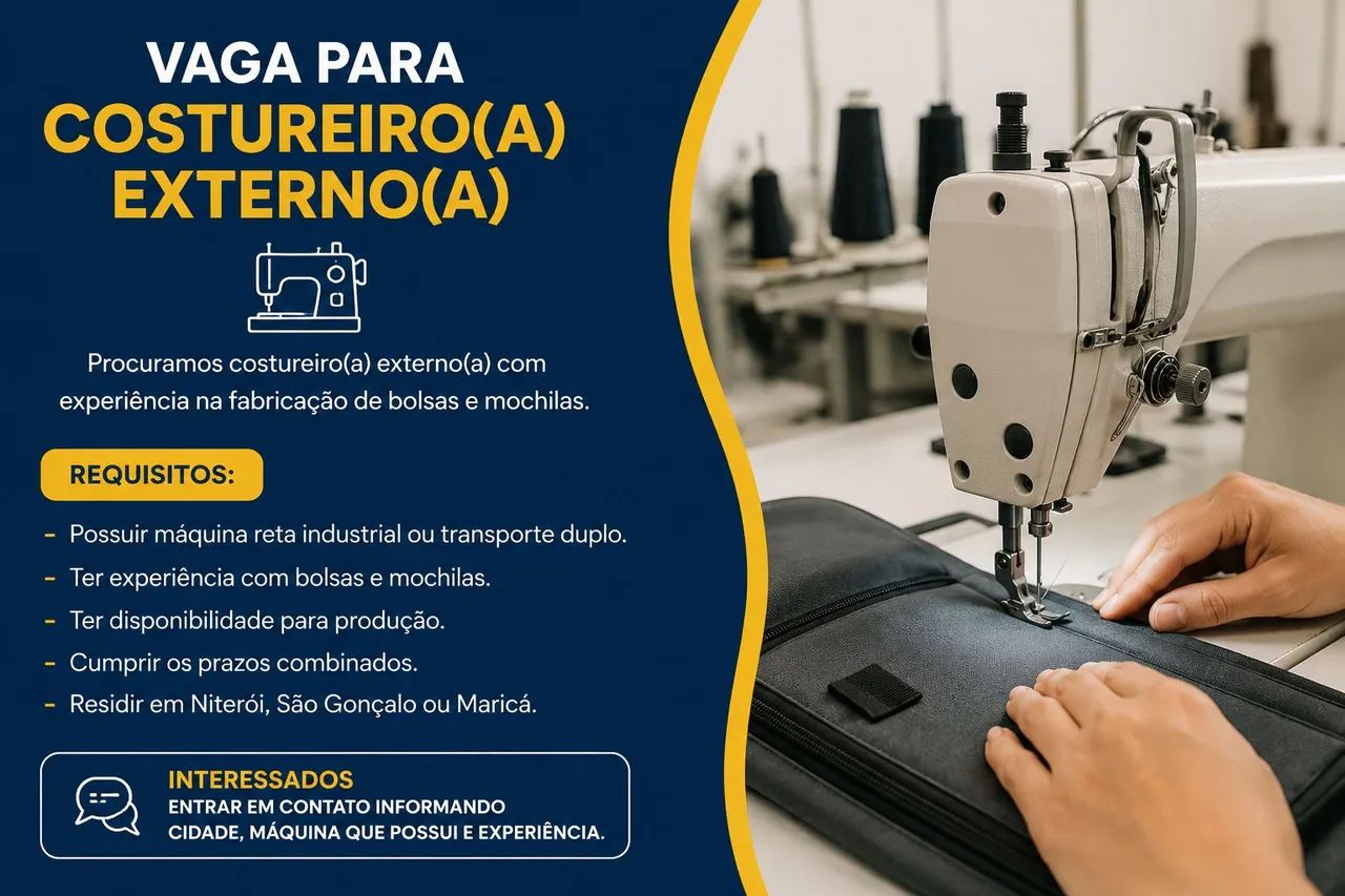Costureiro(a) Externo(a) com Experiência em Bolsas e Mochilas.