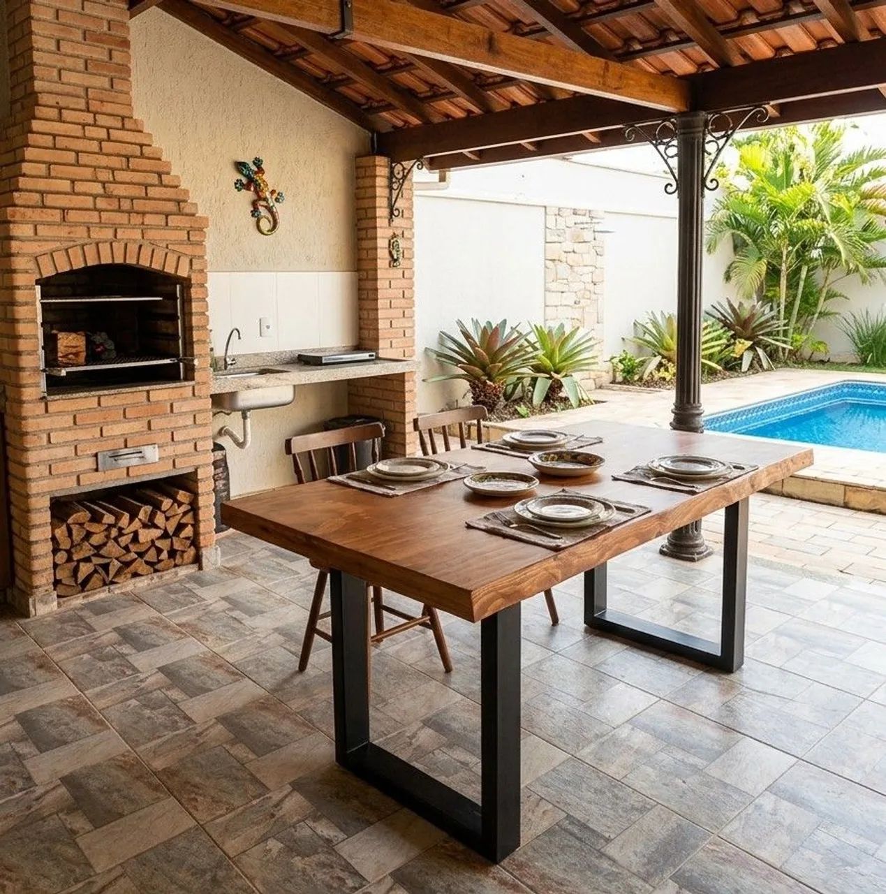 Mesa de madeira rústica c/borda orgânica 