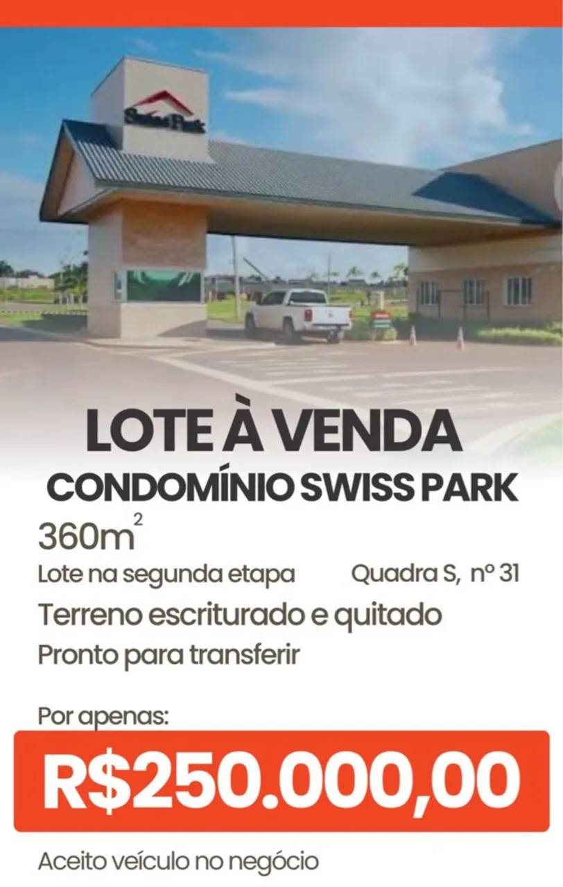 VENDO TERRENO 360M SWISS PARK