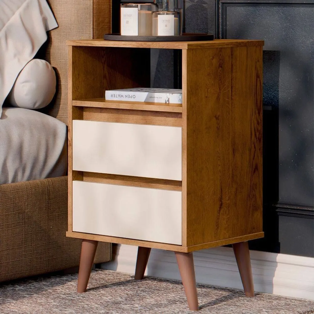 Mesa de Cabeceira Pés Retrô 2 Gavetas Roma Freijó/Off - Ej<br>