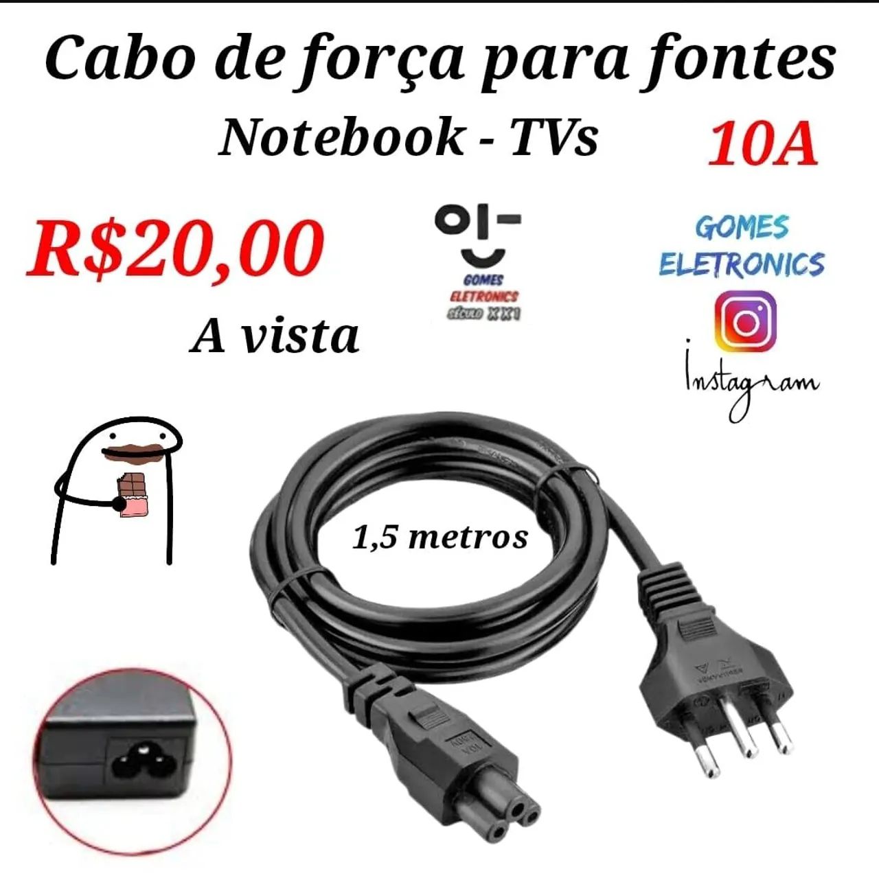 Cabo de força para Notebooks e TVs - 1,5 metros - R$20,00