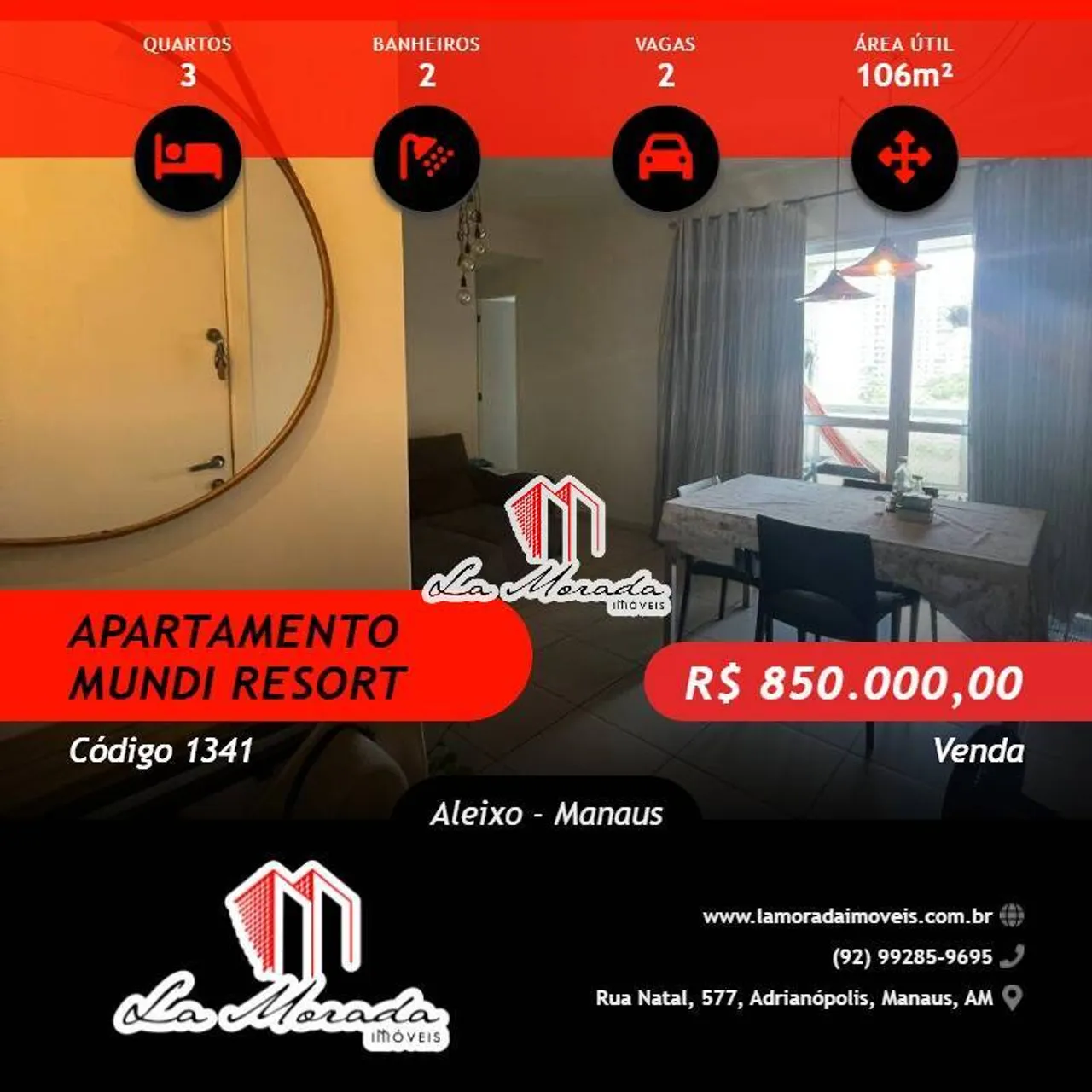 MUNDI RESORT RESIDENCIAL, 106M², 3Qtos, semi-mobiliado, Aleixo!