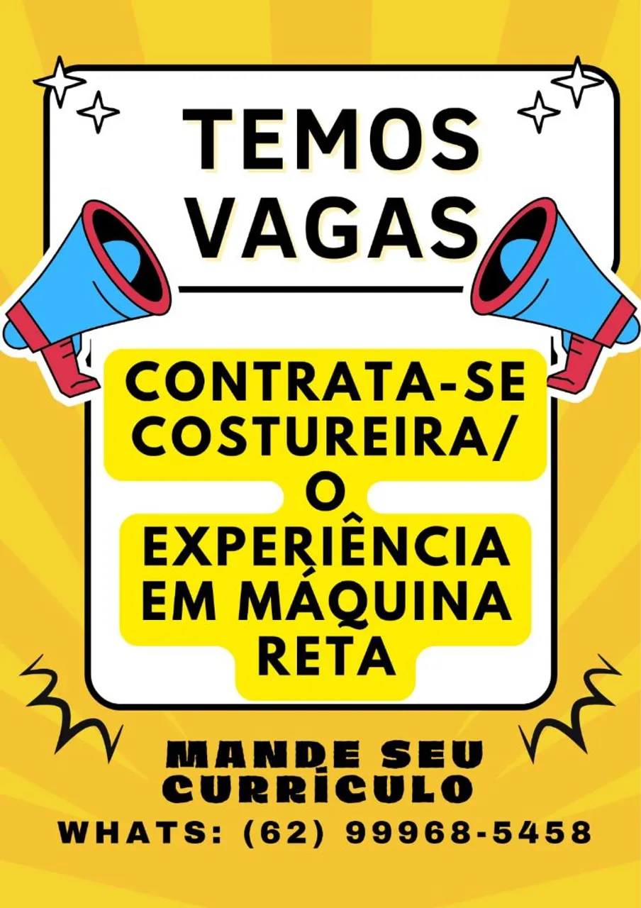 Contrata-se: Costureira (o), Vendedora, Social Mídia, com EXPERIÊNCIA 
