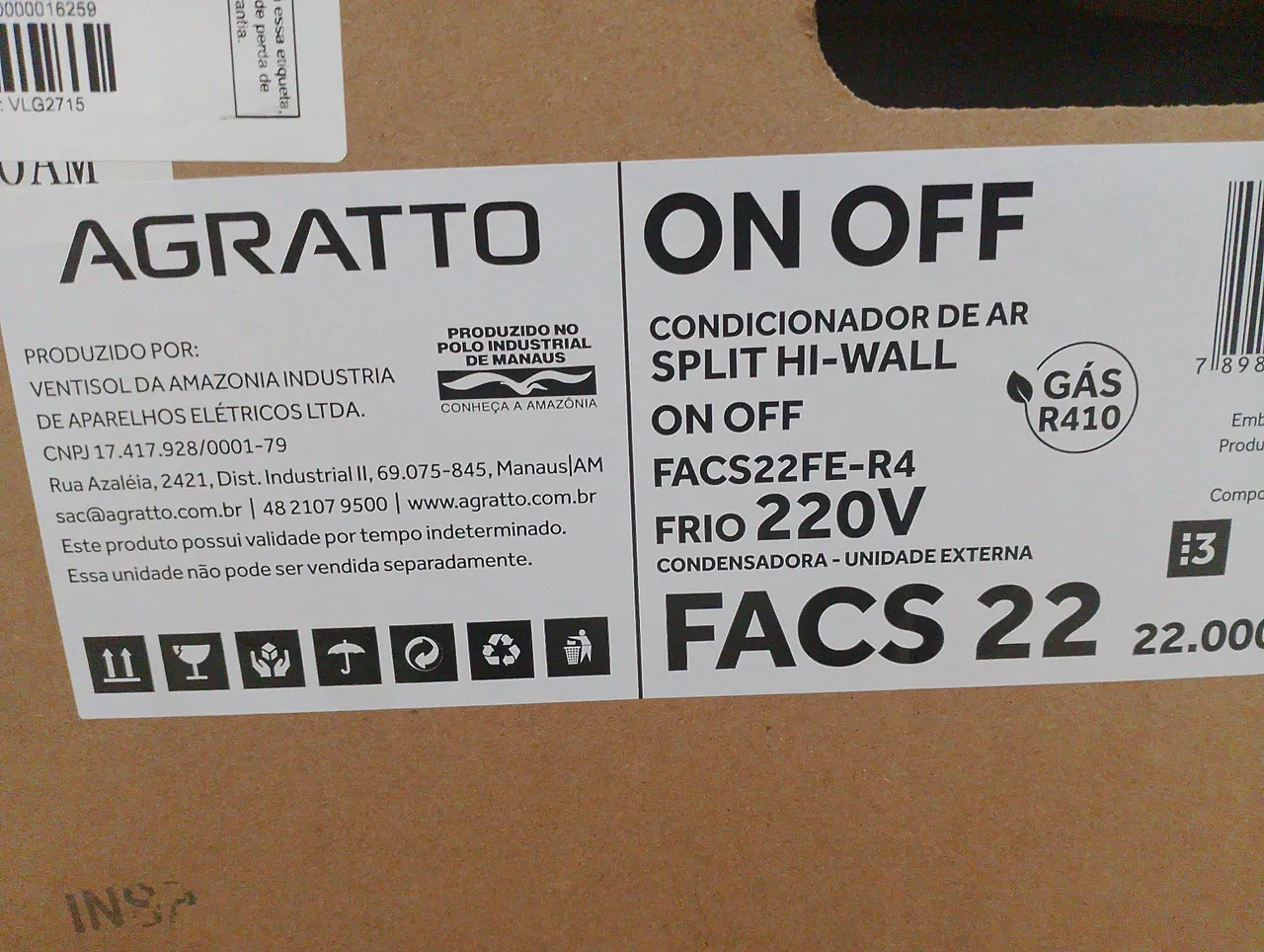 Ar Condicionado Split Agratto FACS 22BTUs 220V - Novo