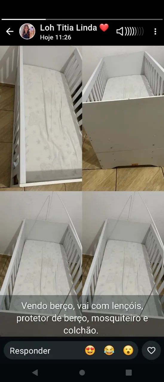 Berço com colchão, mosquiteiro e lençol 