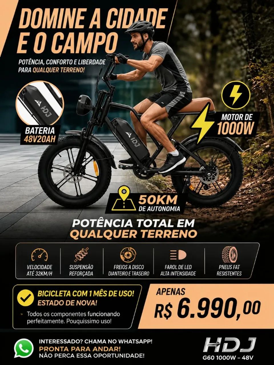 Bicicleta elétrica 1000 watts hdj semi nova! - Foto 5