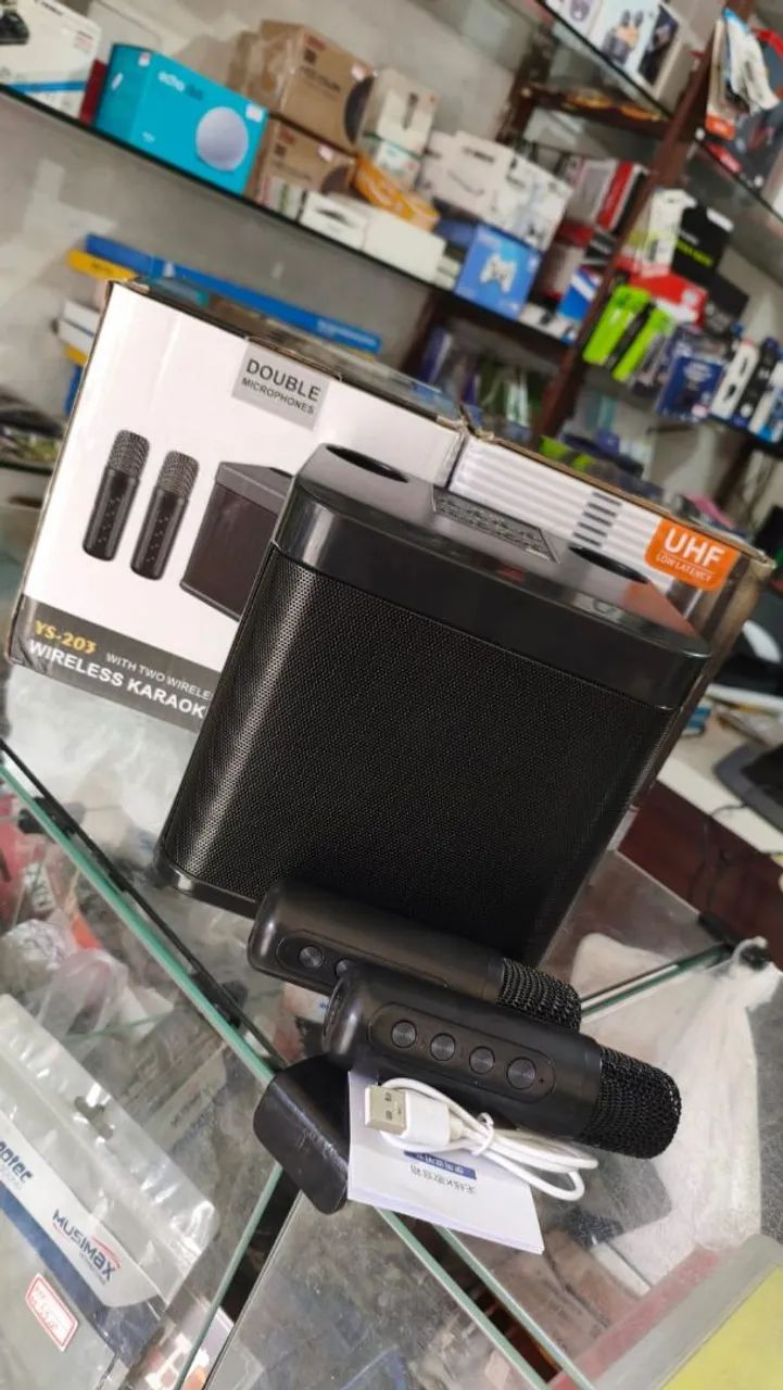 Caixa de com karaokê bluetooth ys-203 com microfones