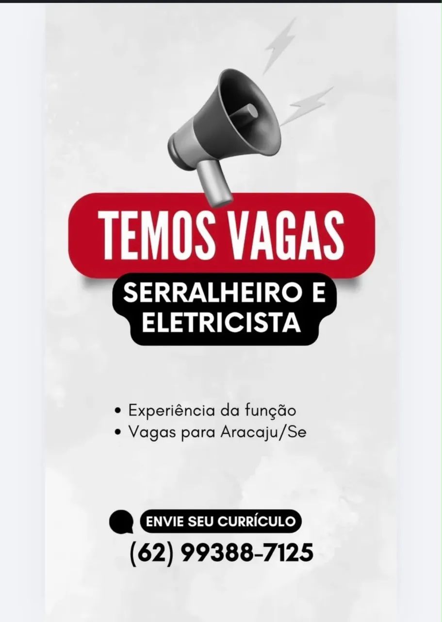 Vaga para Serralheiro e Eletricista, Aracaju-SE