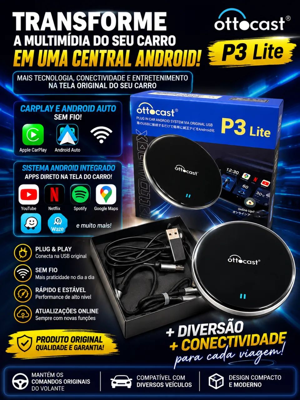 Ottocast P3 Lite - CarPlay/Android Auto Sem Fio + Android
