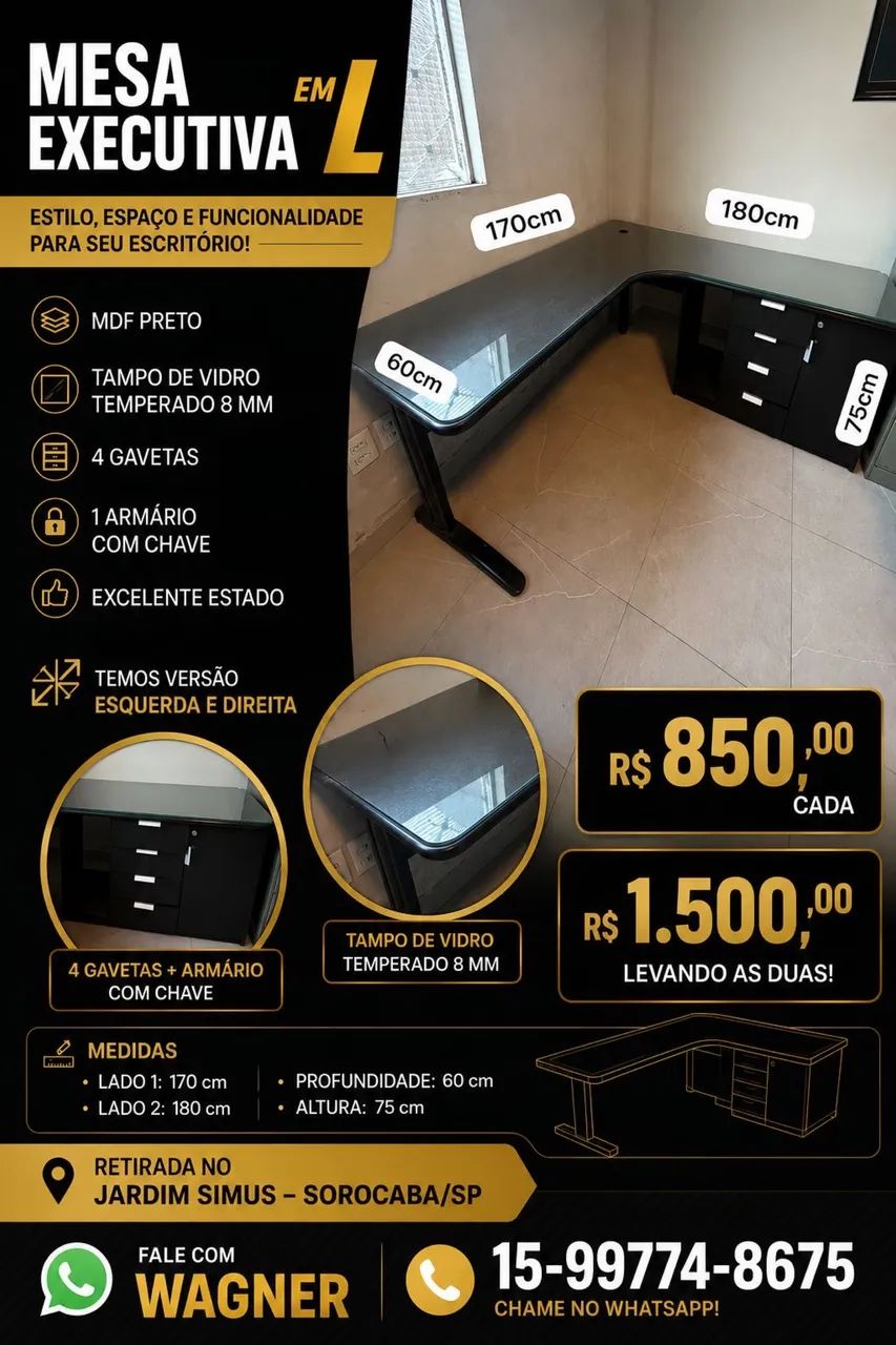 Mesa Executiva em L Em Madeira com Vidro Temperado - Foto 5