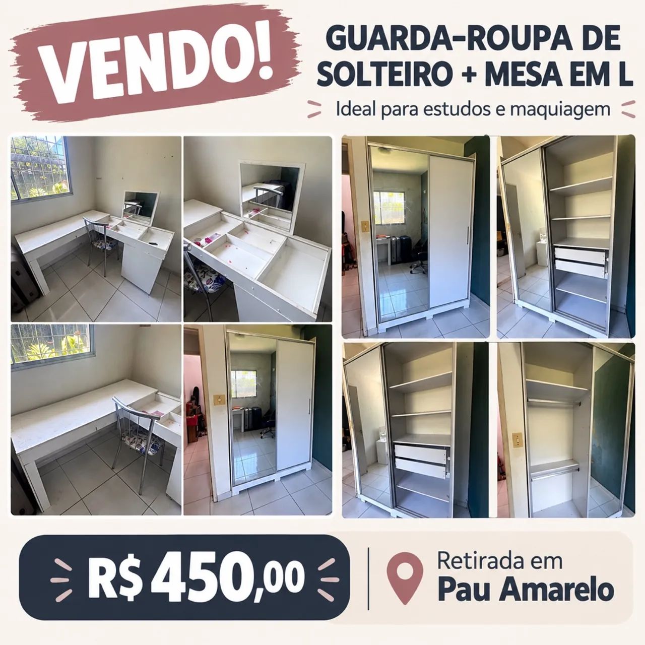 Guarda roupa de solteiro e Mesa em L