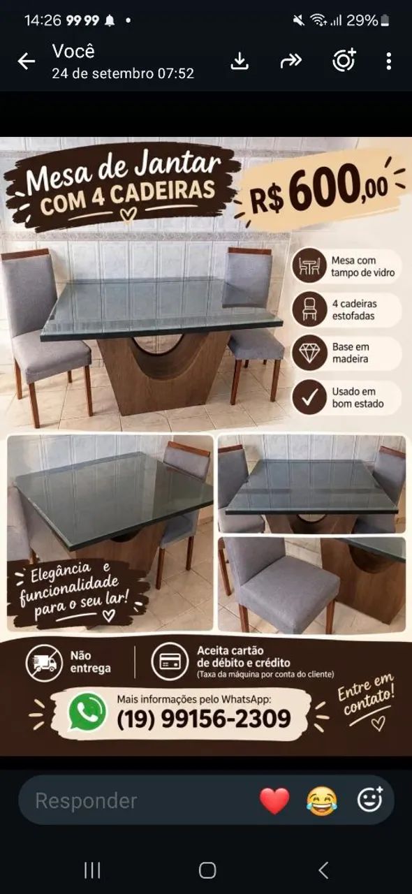 Mesa de jantar com 4 cadeiras
