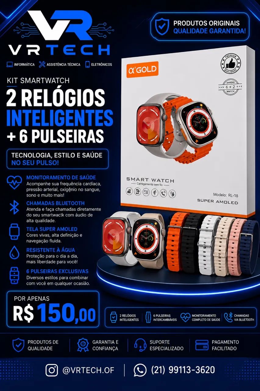 KIT SMARTWATCH A?GOLD - 2 RELÓGIOS + 6 PULSEIRAS