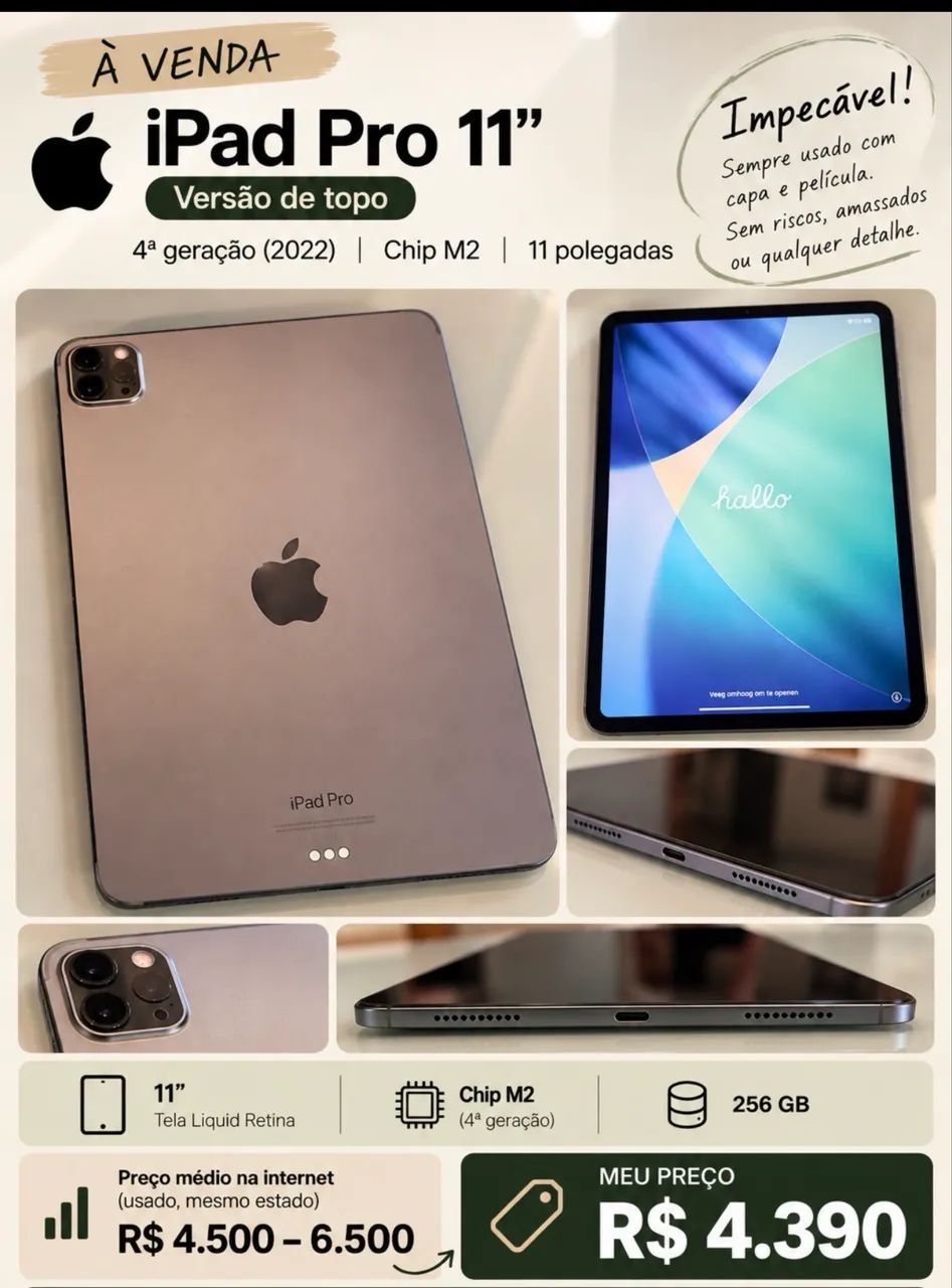 iPad 256gb 11 Polegadas 4ª Geração M2 - Impecável 