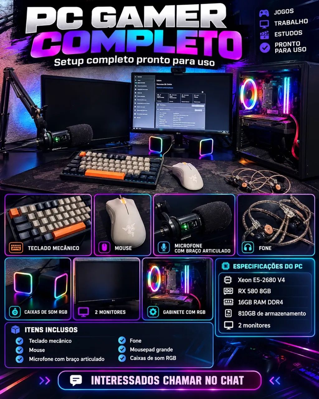 PC GAMER COMPLETO + 2 MONITORES + PERIFÉRICOS 