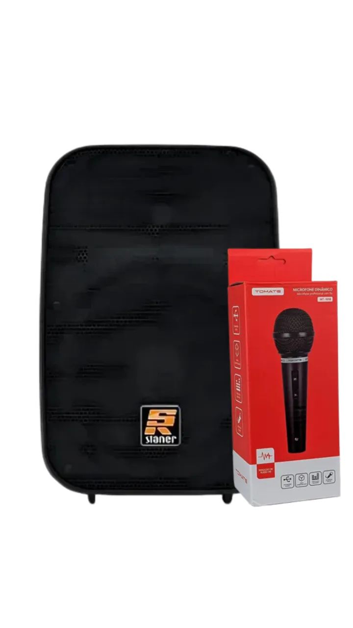 Kit Microfone Dinâmico Tomate Com Cabo Mt-1018 Preto + Caixa Ativa Sr-88a Staner 85W