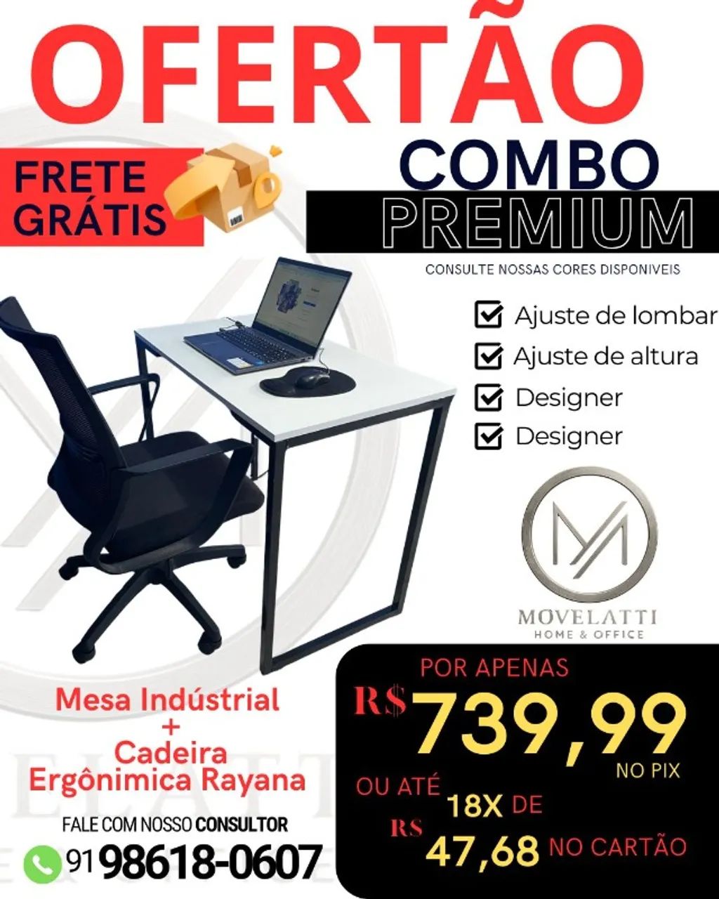 Combo (Mesa industrial + Cadeira Rayana ergonomica)