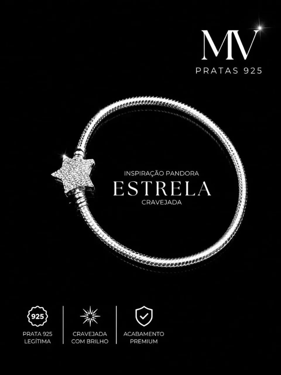 Pulseira inspiração pandora fecho estrela cravejada