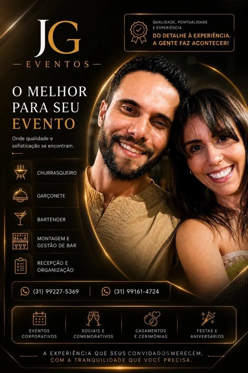Staff Completo para Eventos: Garçons, Churrasqueiro, Bartender e Recepção - JG Eventos